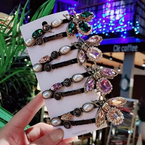 Baroque Rhinestone Bee Hair Clips Pins Headdress Luxury Vintage Colored Pearl Bee Hairclip Accessories Alloy Barrettes Wholesale