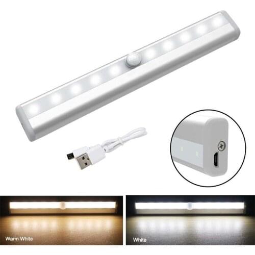 PIR Motion Sensor Lights USB Rechargeable Lamp 10 LED Cabinet Light Under Counter Closet Lighting Magnetic Stick-on Night Light