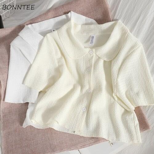 Shirts Women Summer Short Sleeve Cropped Solid Simple Students All-match Leisure Soft Popular Button Daily Ulzzang Elegant New