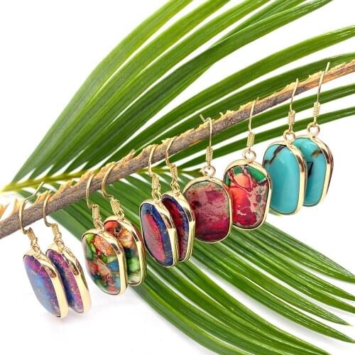 Earrings for Women 2021 Natural Stone Turquoise Oval Earring Long Edging Process Korean Fashion Color Pendant Ladies Jewelry