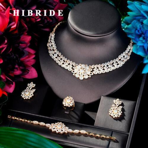 HIBRIDE Big Flower Shape Cubic Zircon Women 4 pcs Jewelry Set Dress Necklace Earring Jewelry Set For Party Gits N-874
