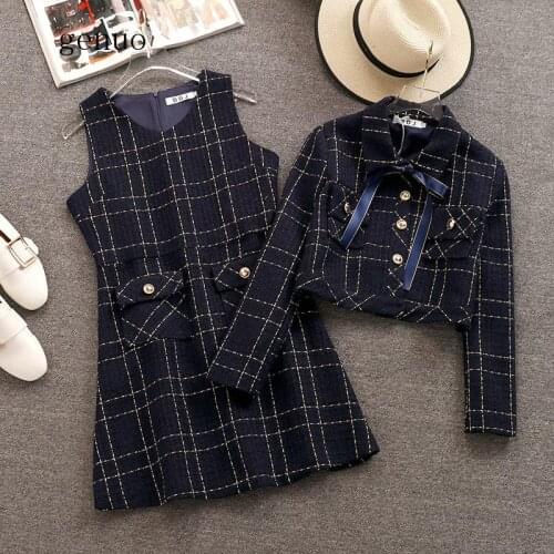 Women Tweed Korean Skirt Set Fall Winter Plaid Bow Turn Down Collar Short Jacket Coat + Woollen Vest Dress 2 Piece Set