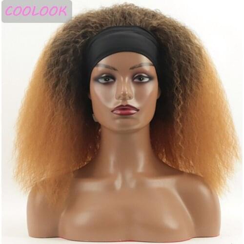 Afro Kinky Curly Headband Wig 16''ombre Blonde Jerry Curl Wigs with Headwraps Synthetic Water Wave Turban Wigs for Women Cosplay