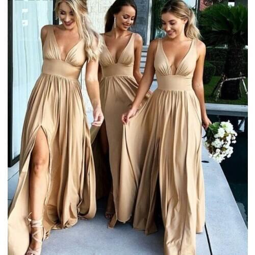 ANGELSBRIDEP Deep V-Neck Long Satin Bridesmaid Dresses Sexy Side Spllit Floor-Length Formal Evening Party Gown Fast Delivery