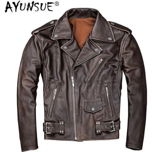 AYUNSUE Real Cow Leather Jacket Men Vintage Genuine Leather Jackets Spring Fall Motorcycle Cowhide Chaqueta Cuero Hombre KJ1915