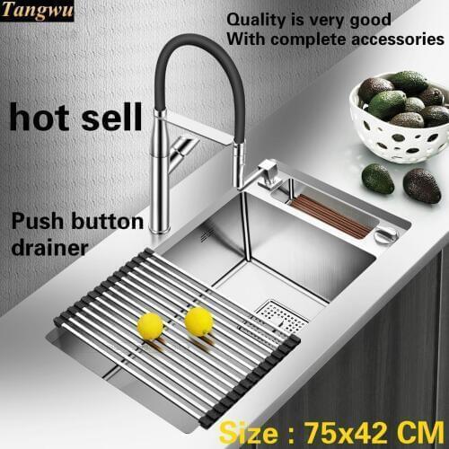 Free shipping Household big kitchen manual sink single trough dish washing 304 stainless steel luxury hot sell 75x42 CM