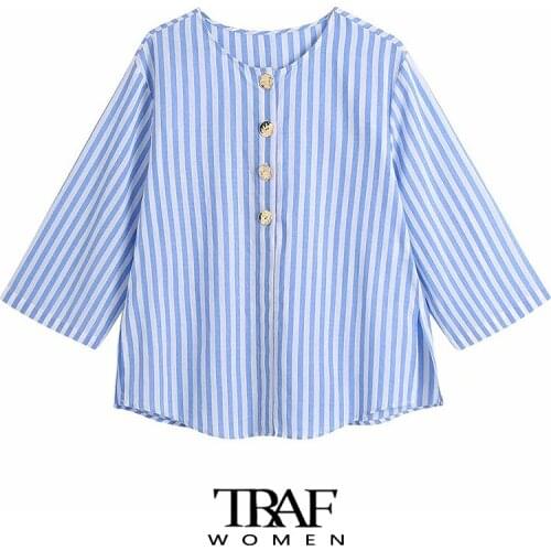 TRAF Za Women Fashion With Buttons Striped Linen Blouses Vintage Three Quarter Sleeve Side Vents Female Shirts Chic Tops