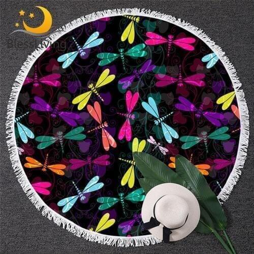 BlessLiving Dragonfly Microfiber Towel Colorful Insect Picnic Mat Flowers Ethnic Round Beach Towel Nature Trendy Playa Toalla