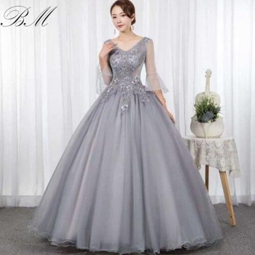 Cheap Silver Quinceanera Dresses 2021 BEALEGANTOM Lace Embroidery Ball Gown Full Sleeve V-Neck Party Prom Vestidos De 15 Anos