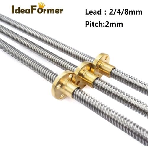 3D Printers Parts T8 Lead Screw Pitch 2mm Lead 2/4/8mm 200 300 400 500 600 mm Length Screw 8mm with Copper Nuts for Reprap