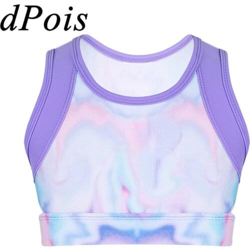 Kids Girls Colorful Stretchy Sleeveless Tie-Dye Tanks Crop Top for Ballet Dance Stage Performance Workout Childrens Dancewear