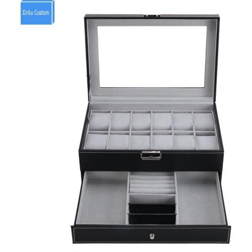 Double-layer PU Leather Watch Jewelry Display Box, 12 Grid with Watch Pillows, Lockable Jewelry Storage Box (Black/Brown)