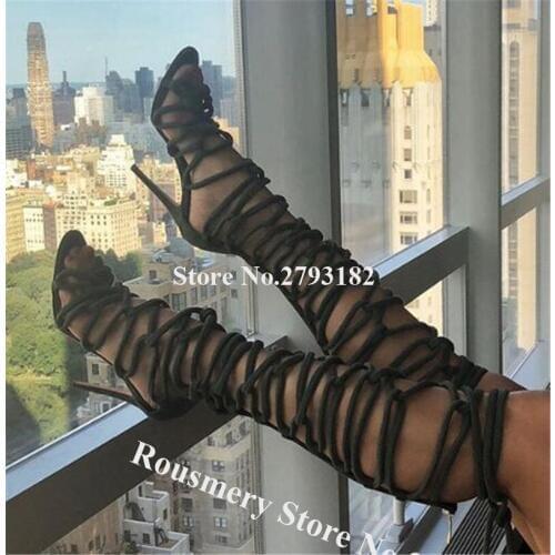 Brand Design Women Open Toe Ropes Cross Stiletto Heel Knee High Gladiator Boots Black White Lace-up High Heel Long Sandal Boots