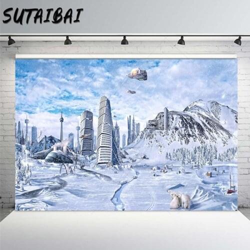 Winter City Frozen Backdrop Forest Ice Snow Mountain Glacier Polar Bear City Building Photo Background Wallpaper Wall Decoration