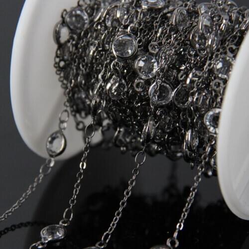 6mm Faceted Flat Round Beads Glass Chains,Gun black Plated Wire Wrapped Coin Clear Glass beads Rosary Chains woman sweater chain