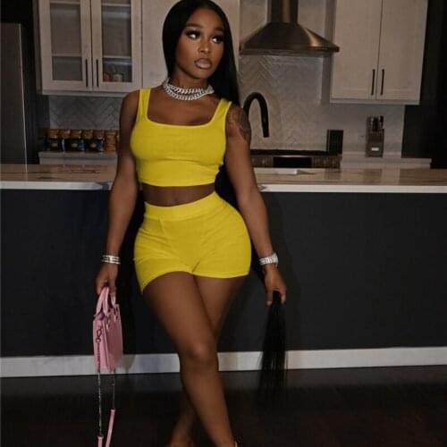 Sexy Casual Sporty Matching Set Women Workout Active Fitness 2 Piece Outfits Square Collar Tank Top and Biker Short Suit