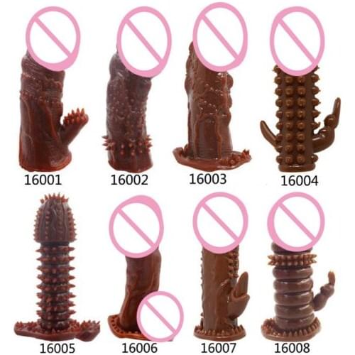 Brown 8 Types Abnormity Reusable Condoms Penis Extender Sleeve Delay Ejaculation Dildo Extender Sex Toys For Men Penis Massager