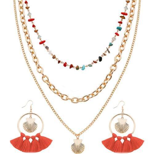 Lureme Bohemian Multilayer Chain Necklace with Tassel Earrings Jewelry Set for Women