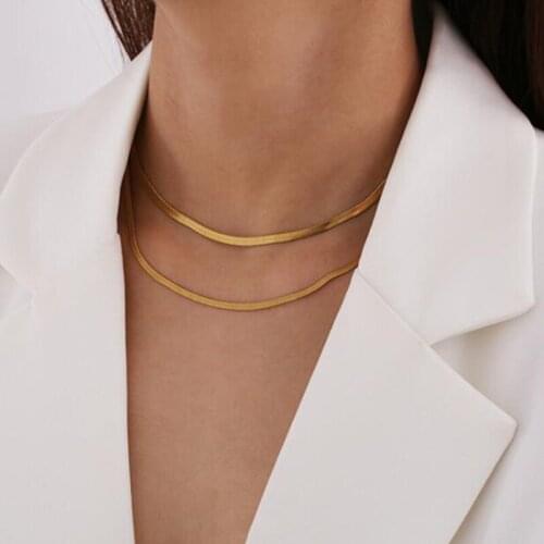 Trendy Geometric Short Double Layer Flat Snake Chain Necklaces Simple Metal Gold Choker Collar Neck Chains Necklaces Chocker