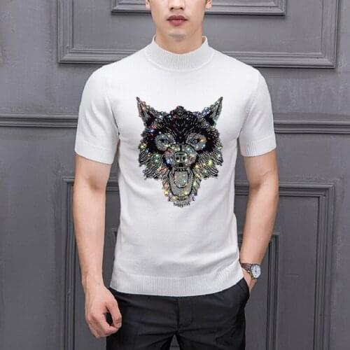 Youth Knitted T-Shirt Spring And Summer Custom Mens Sweater Hot Diamond Shiny Trend Cashmere Short-Sleeved Slim Fit