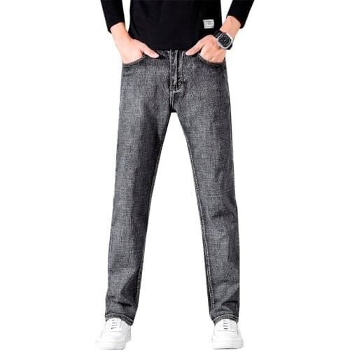 2021 Mens Jeans Classic Straight Regular Smart Casual Blue Elastic Denim Pants Brand TrousersMale Clothes