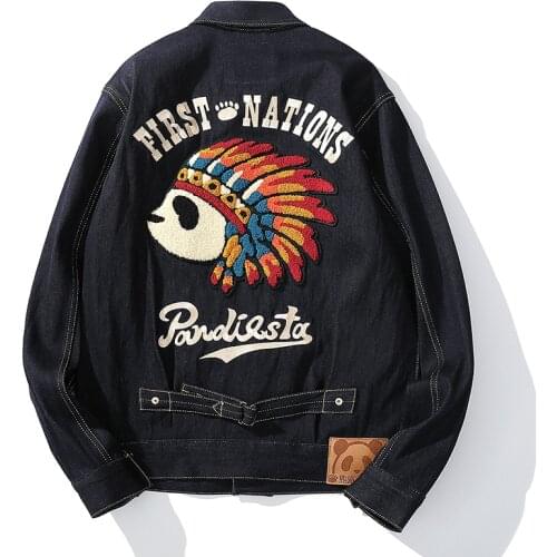 Mens Chinese Panda Floral Embroidered Denim Jeans Sukajan Souvenir Flight Jacket Bomber Coat Chic Outwear