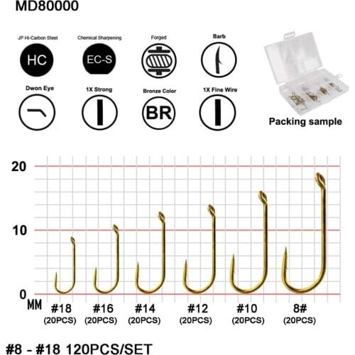 Eupheng Dry Fly Fishing Hook Combo 120pcs EP-80000 Standard Shank Down Eye 1X Fine Hook Perfect Bend Forged Fly Fishing Hook