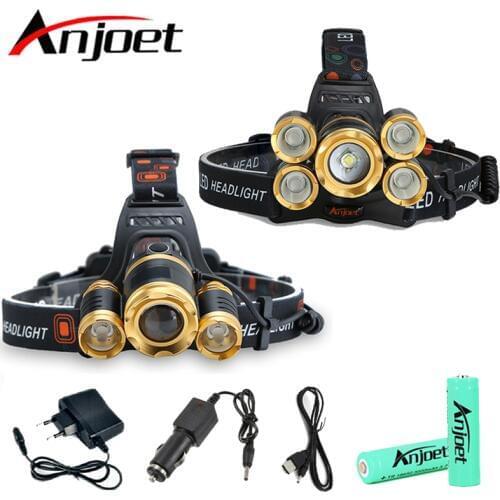Anjoet 15000 lumens rechargeable 5 Led T6+Q5 headlamp Zoomable head flashlight lamp waterproof Torch light camp vissen 18650