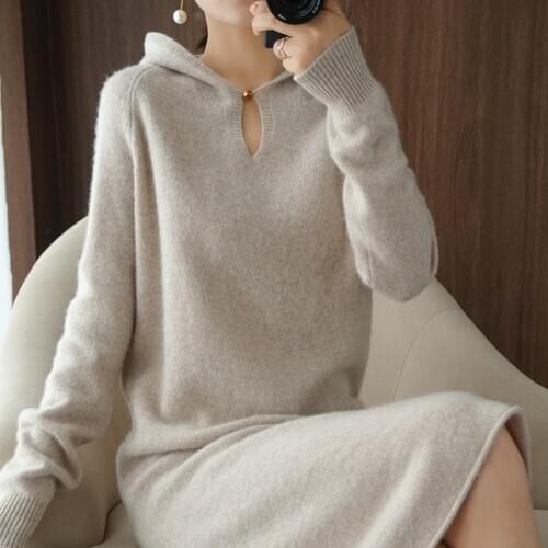 Autumn and winter models of 100% pure wool sweater long womens knitted pulloverfull sleevesloose and comfortable cashmere dress