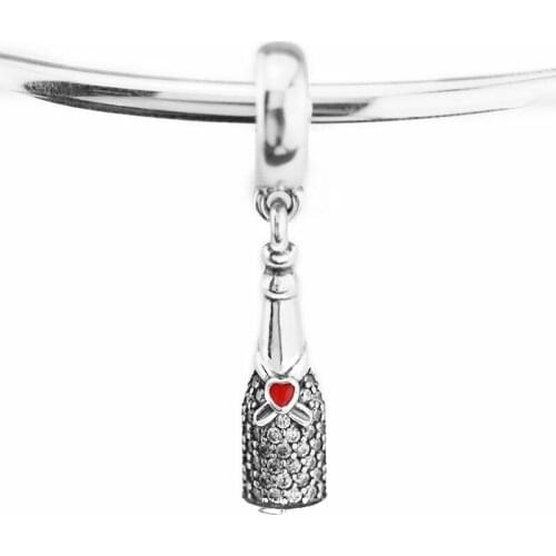 Pave Stones Celebration Wine Crystal Beads Red Heart Charms 925 Sterling Silver Beads Fits for Charm Bracelet Jewelry Making DIY