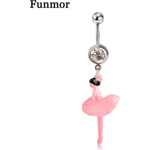 FUNMOR Pink Dancing Girls Belly Button Rings For Women Girls Party Body Piercing Jewelry Stainless Steel Pendant Navel Piercings