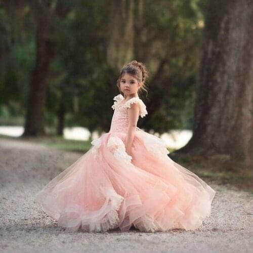 Pageant Pink Ball Gown Flower Girl Dresses First Communication Dress Girls Princess Wedding New Year Party Dresses