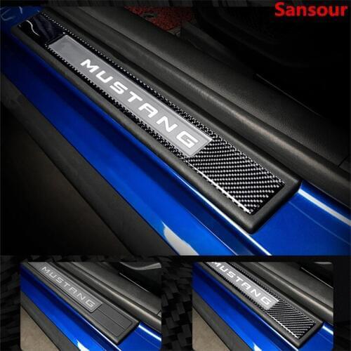 Sansour Carbon Fiber Car Interior Hollow Out Door Sill Scuff Plate Pedal Decoration Stickers For Ford Mustang 2015+ Car Styling
