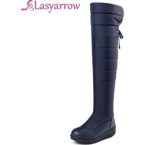 Lasyarrow Down Warm Snow Boots Women Round toe Platform Thigh High Boots Fashion Lace Up Over the Knee Boots Wedges Botas Mujer