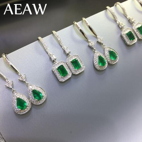AEAW Solid 14K White Gold AAA Lab Created Colombia Emerald 0.5ct Each"CCE" Earring Halo Moissanite for Women