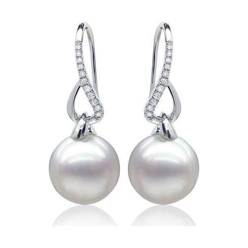 Free Shipping Gorgeous AAA 10-11mm White South Sea Pearl Diamond Drop Earrings 18K White Gold