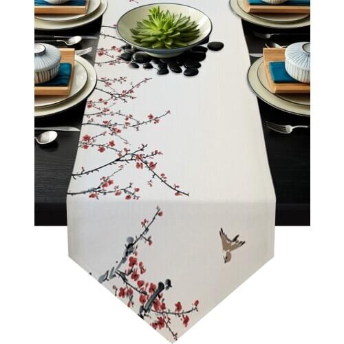 Ink Painting Plum Bird Table Runner Wedding Decor Cake Tablecloth and Placemat Holiday Table Decor Table Runner