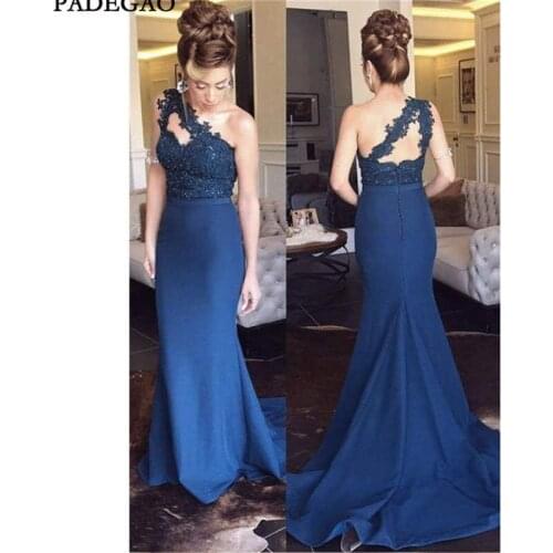 Navy Blue Evening Dresses Lace Appliques One Shoulder Mermaid Beading Sweep Train Sexy Evening Dress plus Size