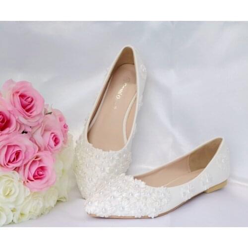 Women Ballet Flats White Pearl Lace Wedding Shoes Flat Heel Casual Shoes Pointed Toe Wedding Princess Flats