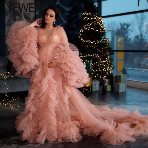 Long Sleeve Tulle Robe Maternity Dress 2021 See Through Photography Gown for Pregnant Woman Plus Size YEWEN Custom Made