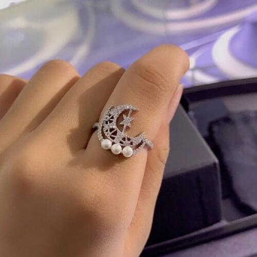 UMGODLY High Quality Fahsion Ring Silver Color White Pearl Moon Star Paved Cubic Zirconia Sliding Rings Women Jewelry Gift