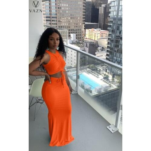 VAZN 2021 Top Quality Holiday Solid Young Sweet Mini Tank Group High Waist Mermaid Maxi Skirts Skinny Women 2 Piece Set