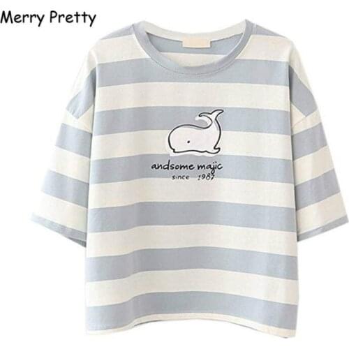 Merry Pretty Summer 2020 Women T-Shirt Stripe Print Cartoon Round Neck Short Sleeve Shirt Female Sweet Cotton Short Crop Tops