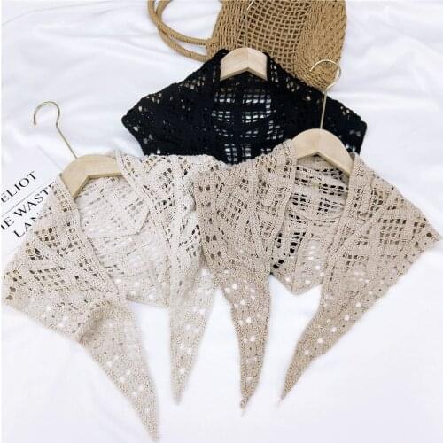 Women Triangle Scarf False Shirt Collar Hollow Out Crochet Fake Collars Blouse Sweater Neckline Detachable Lace-up Decor Collar