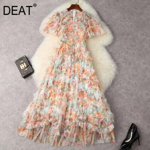 DEAT Woman Maxi Dress Organza Edible Tree Fungus Multicolor Ball Gown V Collar Flare Sleeve Bohemian 2021 New Summer 15XF469