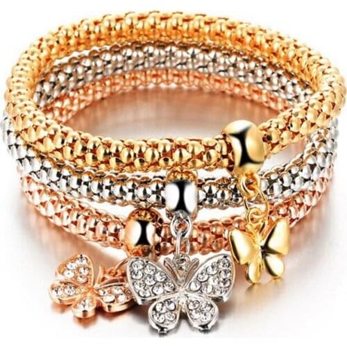 Butterfly Pendant Bracelet European American Alloy Three Layer Suit Elastic Popcorn Corn Chain Crystal for Women