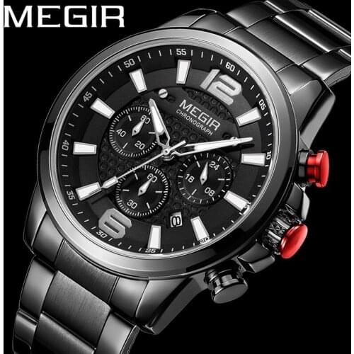 MEGIR Watch Men Waterproof Chronograph Military Army Male Clock Top Brand Luxury Black Stainless Steel Man Sport Wristwatch 2156