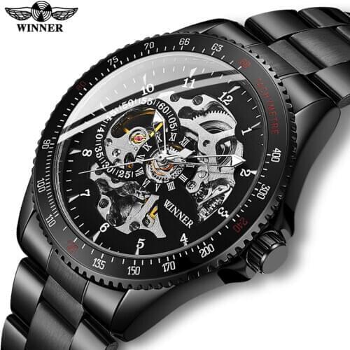 Drop shipping Men Automatic Mechanical Watch Winner Men Black Stainless Steel Watches Fashion Skeleton Steampunk Male Clocks