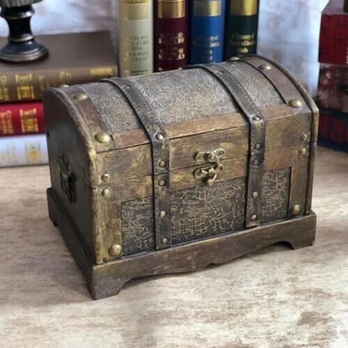 Retro Wooden Pirate Treasure Chest Box Gem Jewelry Storage Organizer Trinket Keepsake Treasure Case Decor Without Lock Size S