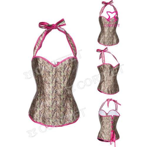 Gothic Clothing Brown Bole Pattern Satin Halter Overbust Sexy Women Bustier Corset Top Burlesque Espartilhos E Corpete Corselet